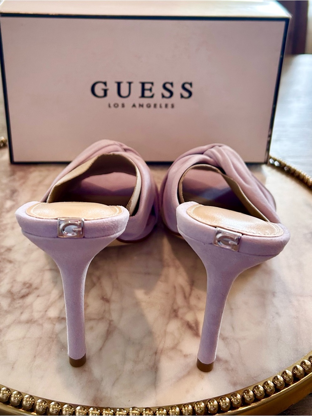 GUESS Daiva Lavender Suede Leather Slide Mules Metallic Logo | Sz. 7 NWB) - Picture 5 of 8